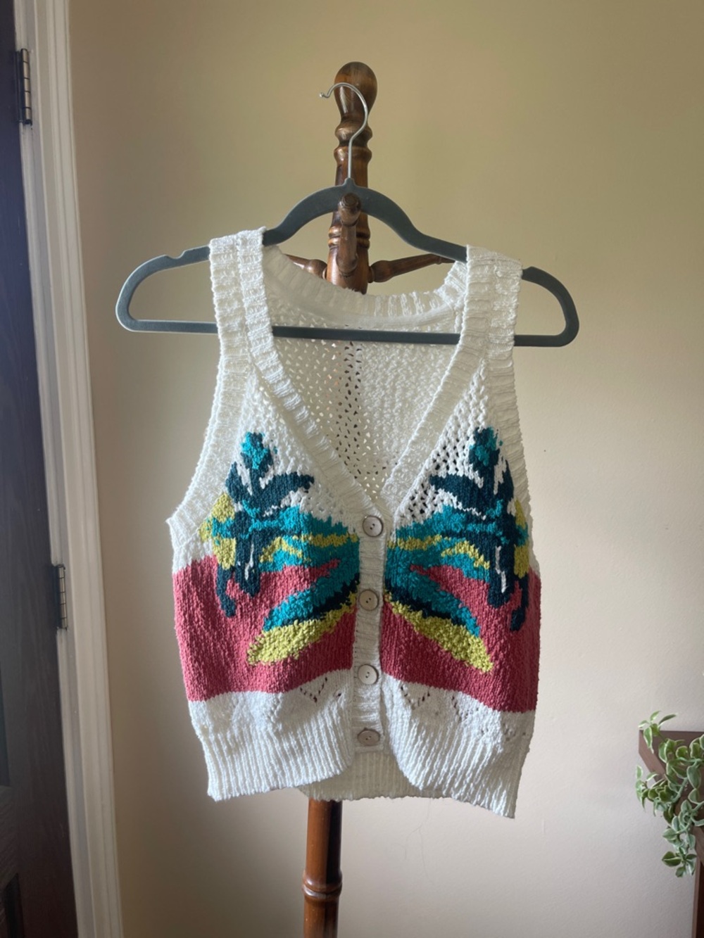 Hand-Knit V-Neck Button Front Sweater Vest - White with Multicolor Pattern